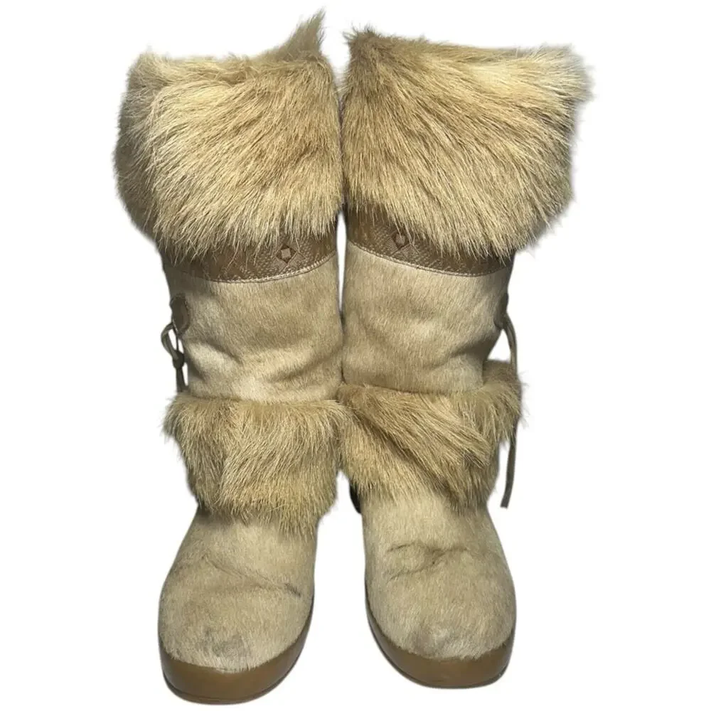 Tecnica Vintage 1973 Sz 7.5 Tan Skandia Pony Hair Fur Trim Mid Calf Winter Boots